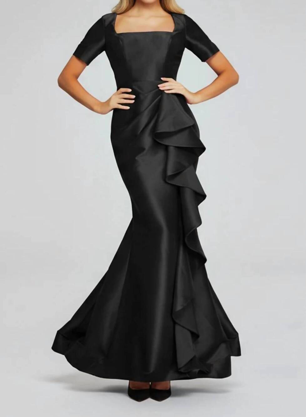 NEW JOVANI vibrant gown with square neckline and ruffle detail in black